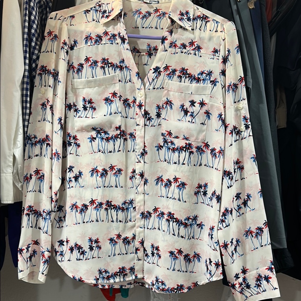 Express White and Blue Casual Button Down Shirt